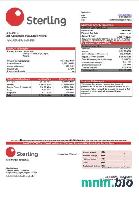 Nigeria Sterling Bank wyciąg z kredytu hipotecznego szablon Word i PDF